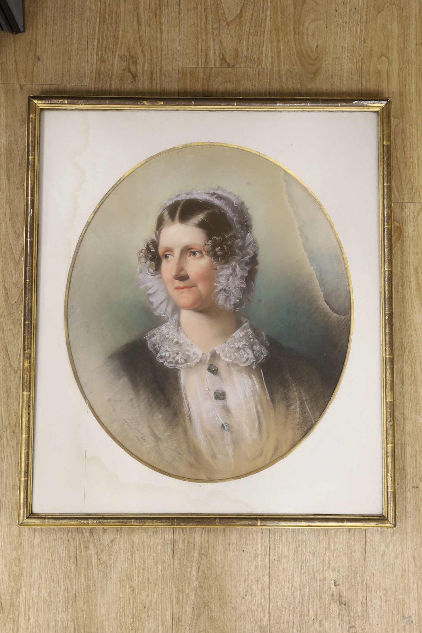 R. Faulkner, a pastel portrait of Georgiana, Viscountess Cross, (née Lyon), 1828 – 1907, signed and dated 1897, 64 x 53cm, waterstained